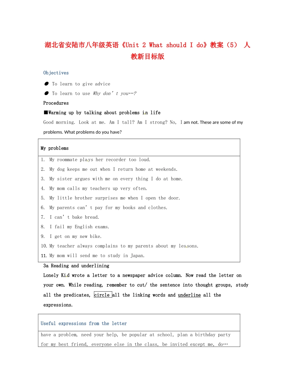 湖北省安陆市八年级英语《Unit 2 What should I do》教案（5） 人教新目标版_第1页