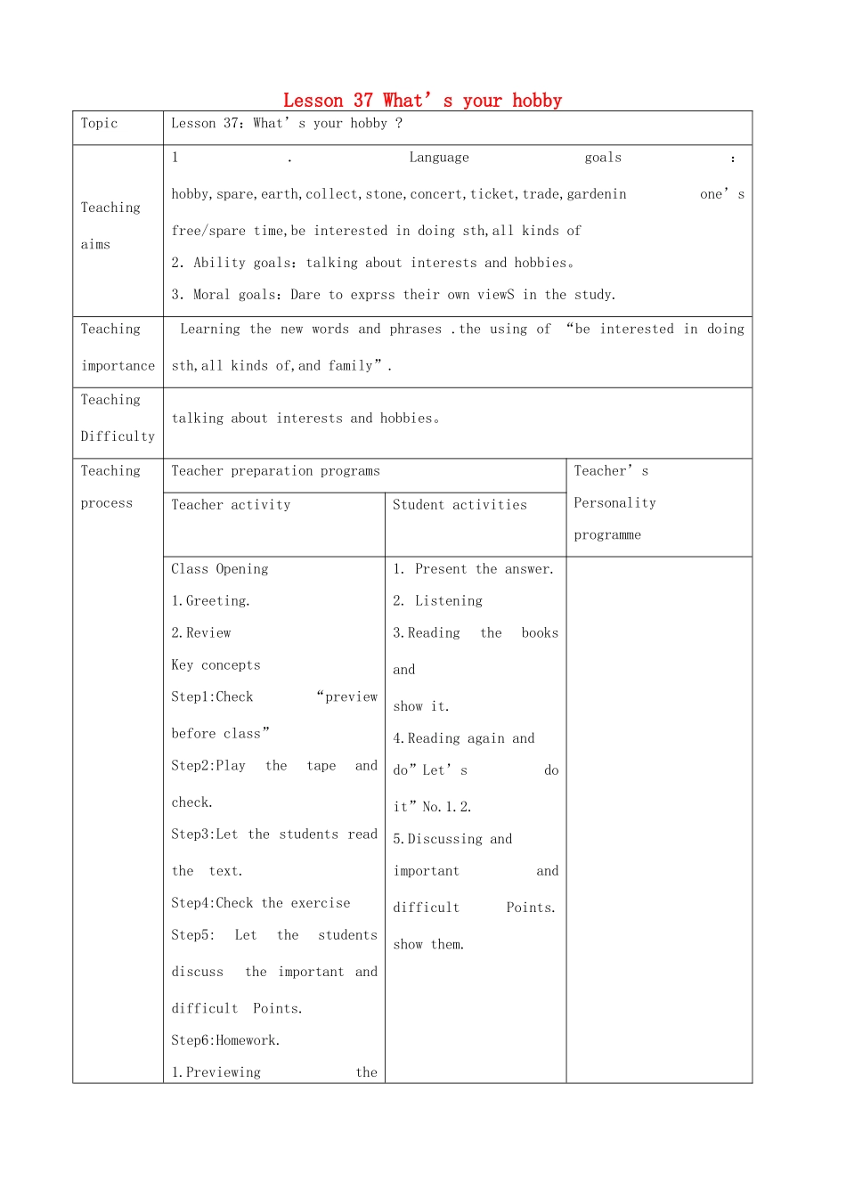 秋八年级英语上册 Lesson 37 What’s your hobby教学设计 （新版）冀教版-（新版）冀教版初中八年级上册英语教案_第1页