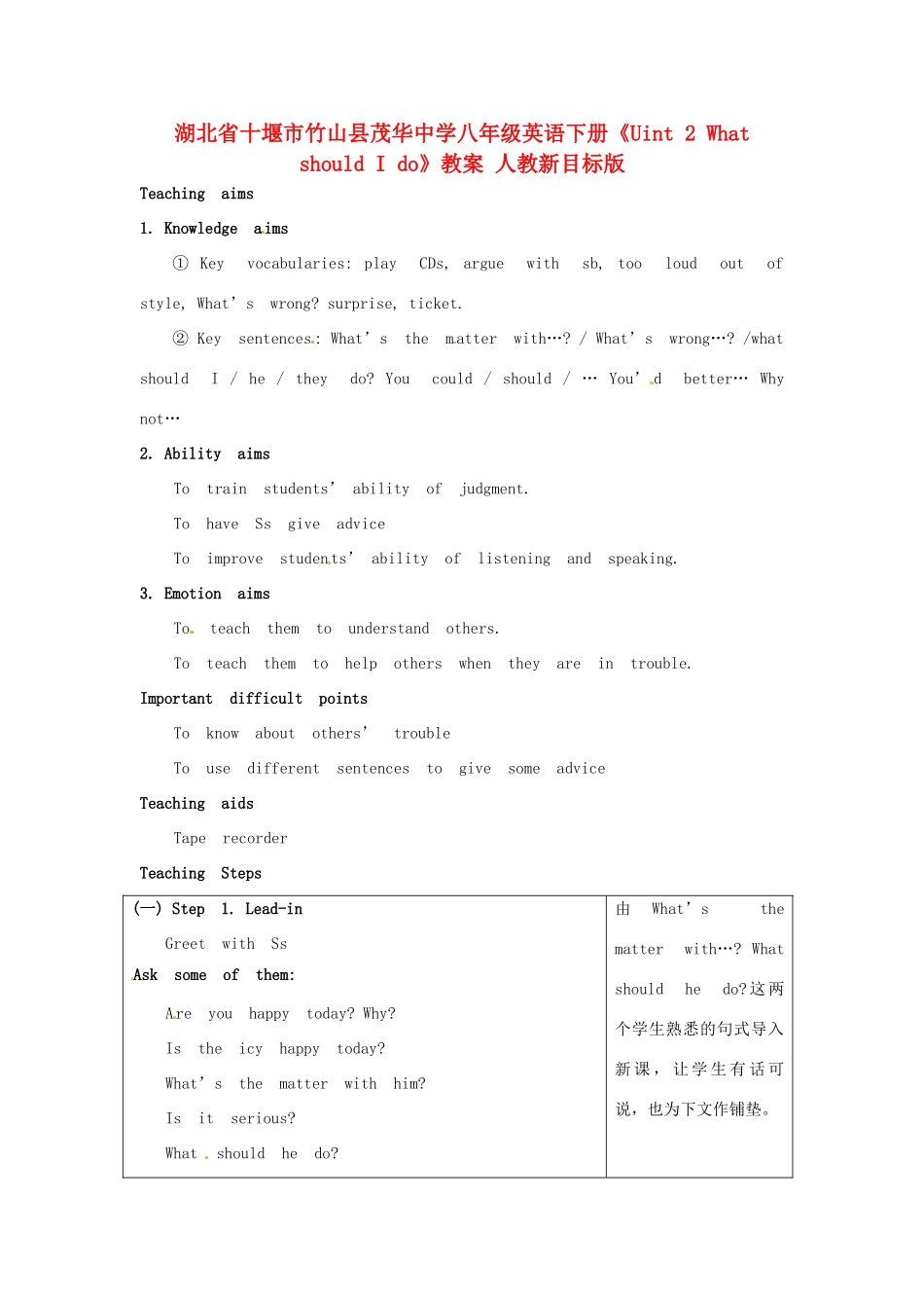 湖北省十堰市竹山县茂华中学八年级英语下册《Unit 2 What should I do》教案（1） 人教新目标版_第1页