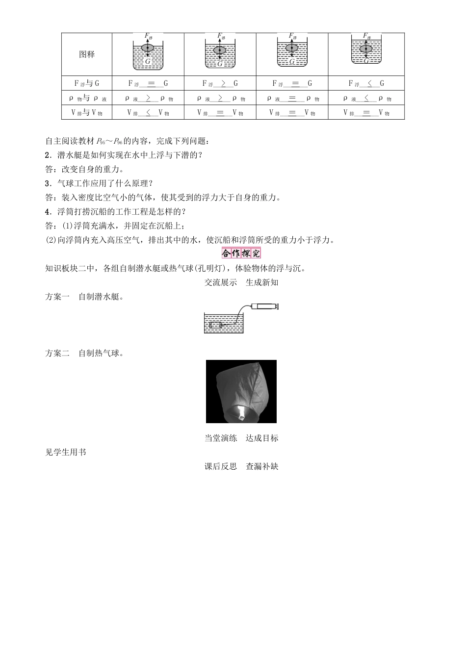 春八年级物理下册 9.3 研究物体的浮沉条件学案 （新版）粤教沪版-（新版）粤教沪版初中八年级下册物理学案_第2页