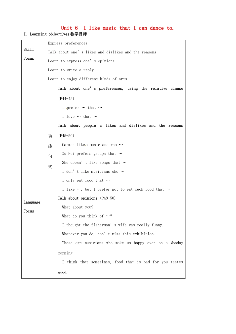 黑龙江虎林八五零农场学校九年级英语下册 Unit 6  I like music that I can dance to1教案 人教新目标版_第1页