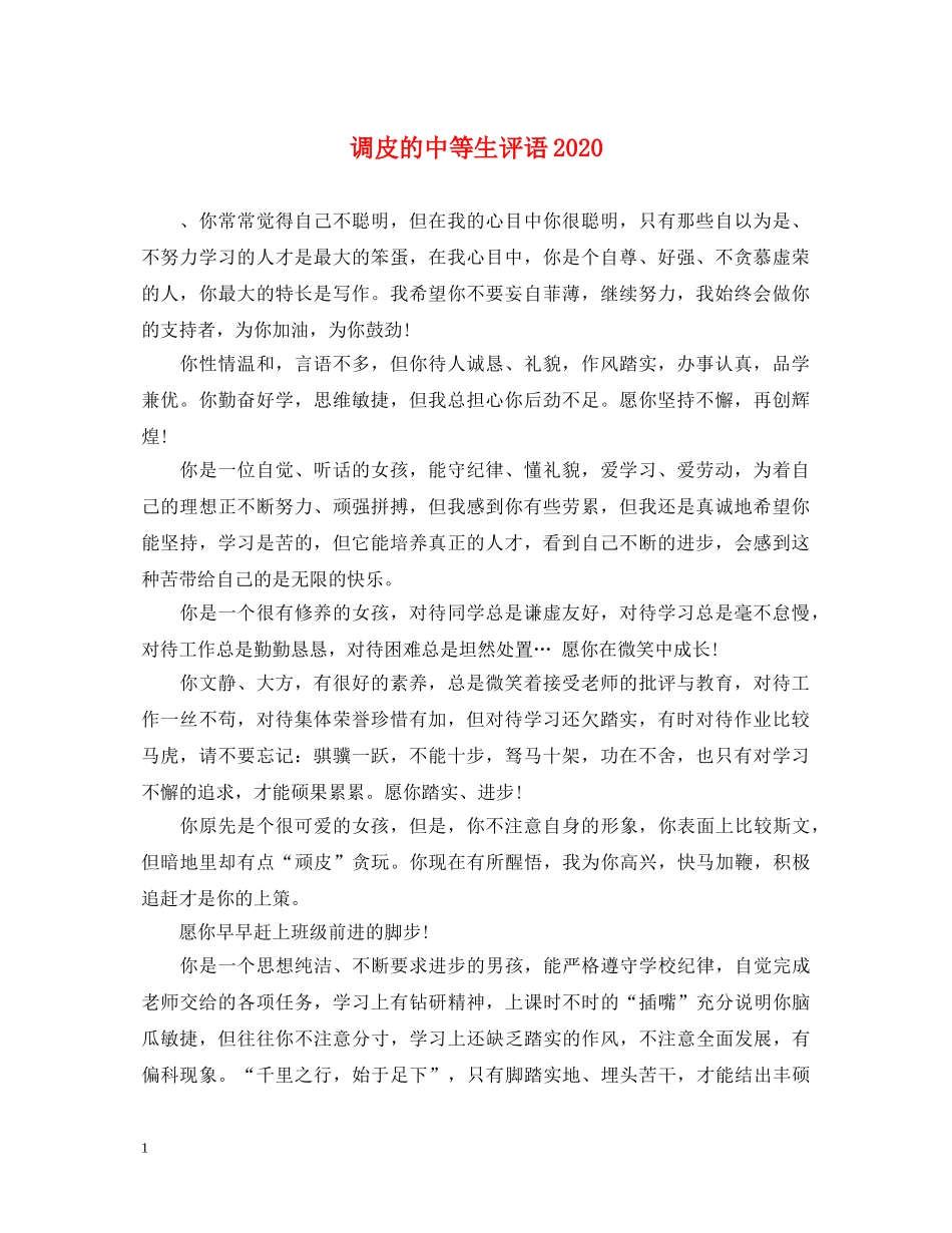 调皮的中等生评语2024 _第1页