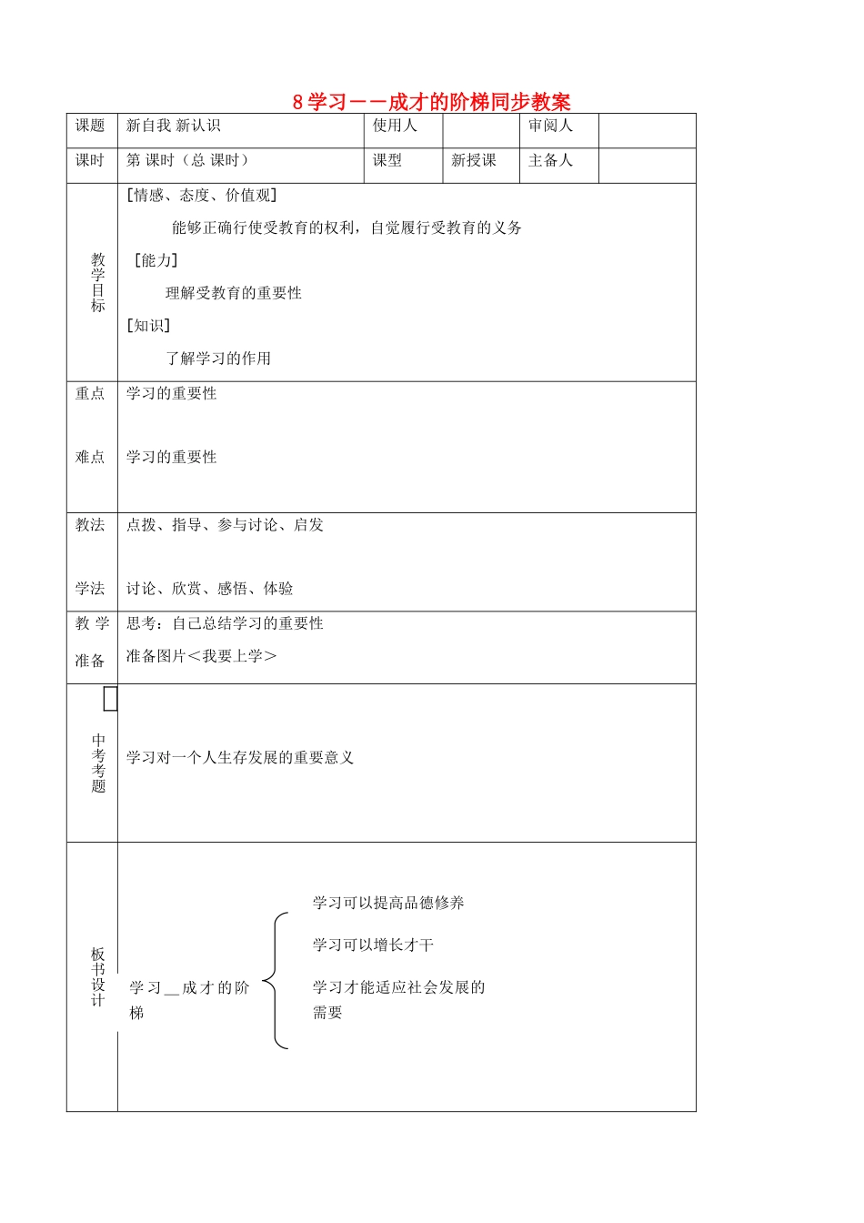七年级思品上册 8学习－－成才的阶梯同步教学设计 鲁教版教材_第1页