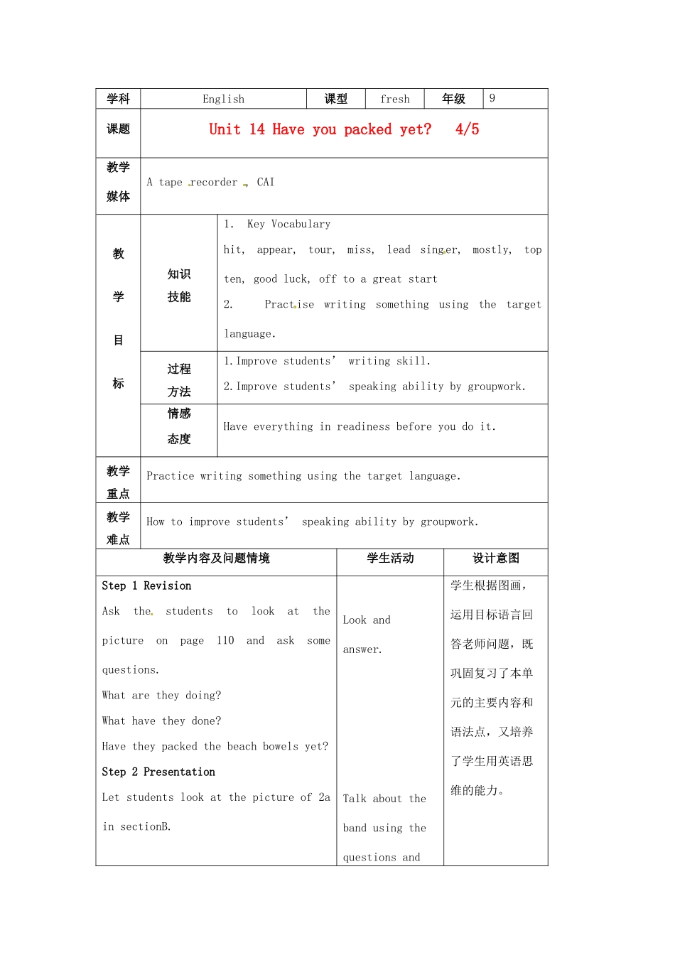 陕西省神木县大保当中学九年级英语 unit 14 Have you packed yet period 4教案 人教新目标版_第1页