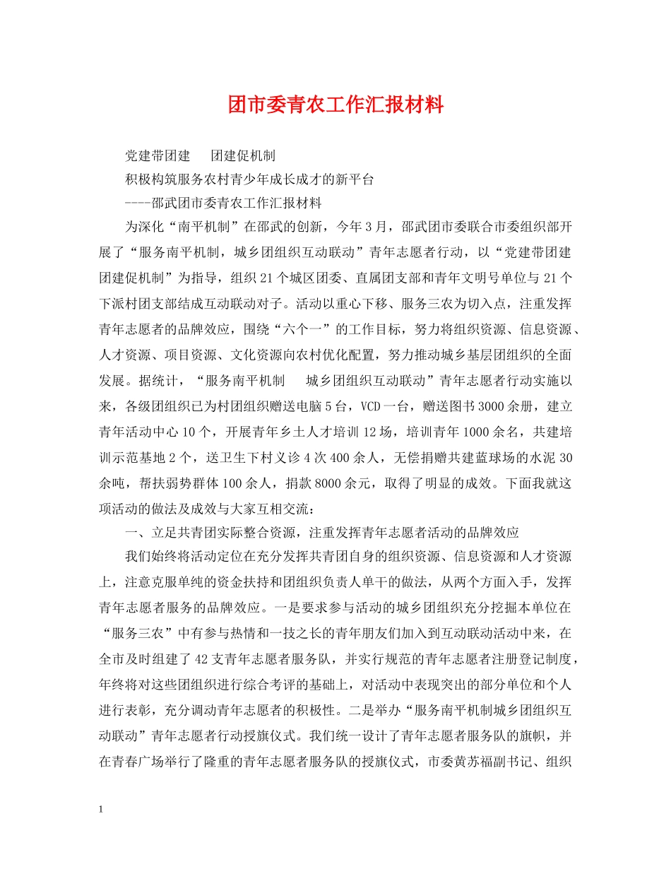 团市委青农工作汇报材料 _第1页