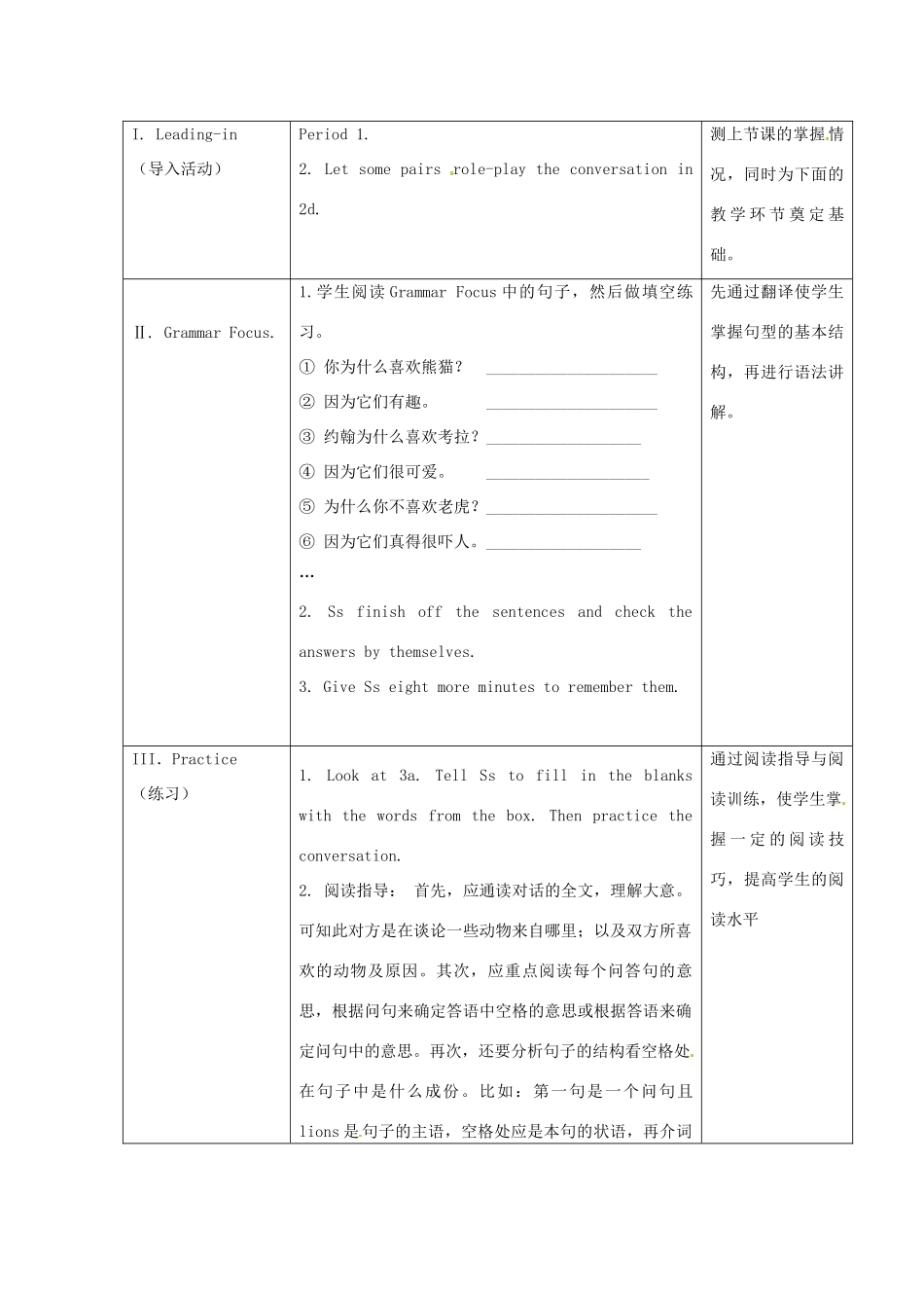 海南省万宁市思源实验学校七年级英语下册《Unit 5 Why do you like pandas Period 2 Section A(Grammar Focus-3c)》教案 （新版）人教新目标_第2页