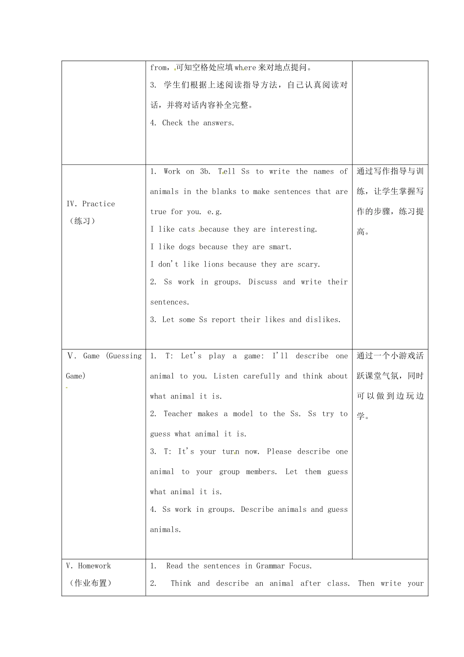 海南省万宁市思源实验学校七年级英语下册《Unit 5 Why do you like pandas Period 2 Section A(Grammar Focus-3c)》教案 （新版）人教新目标_第3页