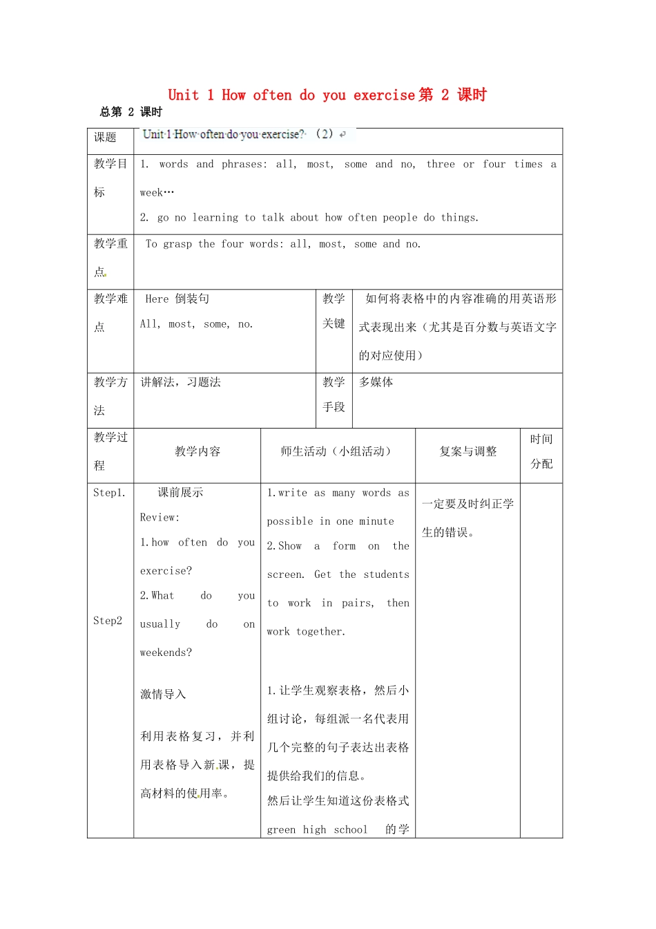 辽宁省凌海市石山初级中学八年级英语上册 Unit 1 How often do you exercise（第2课时）教案 人教新目标版_第1页
