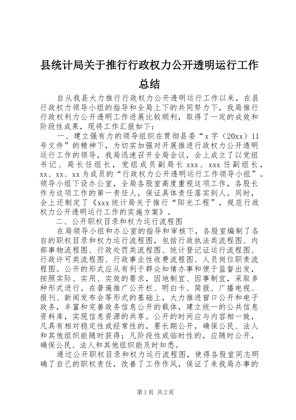 县统计局关于推行行政权力公开透明运行工作总结 _第1页