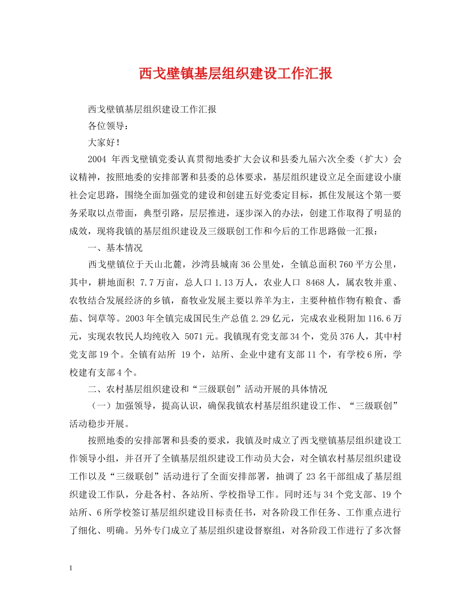 西戈壁镇基层组织建设工作汇报 _第1页
