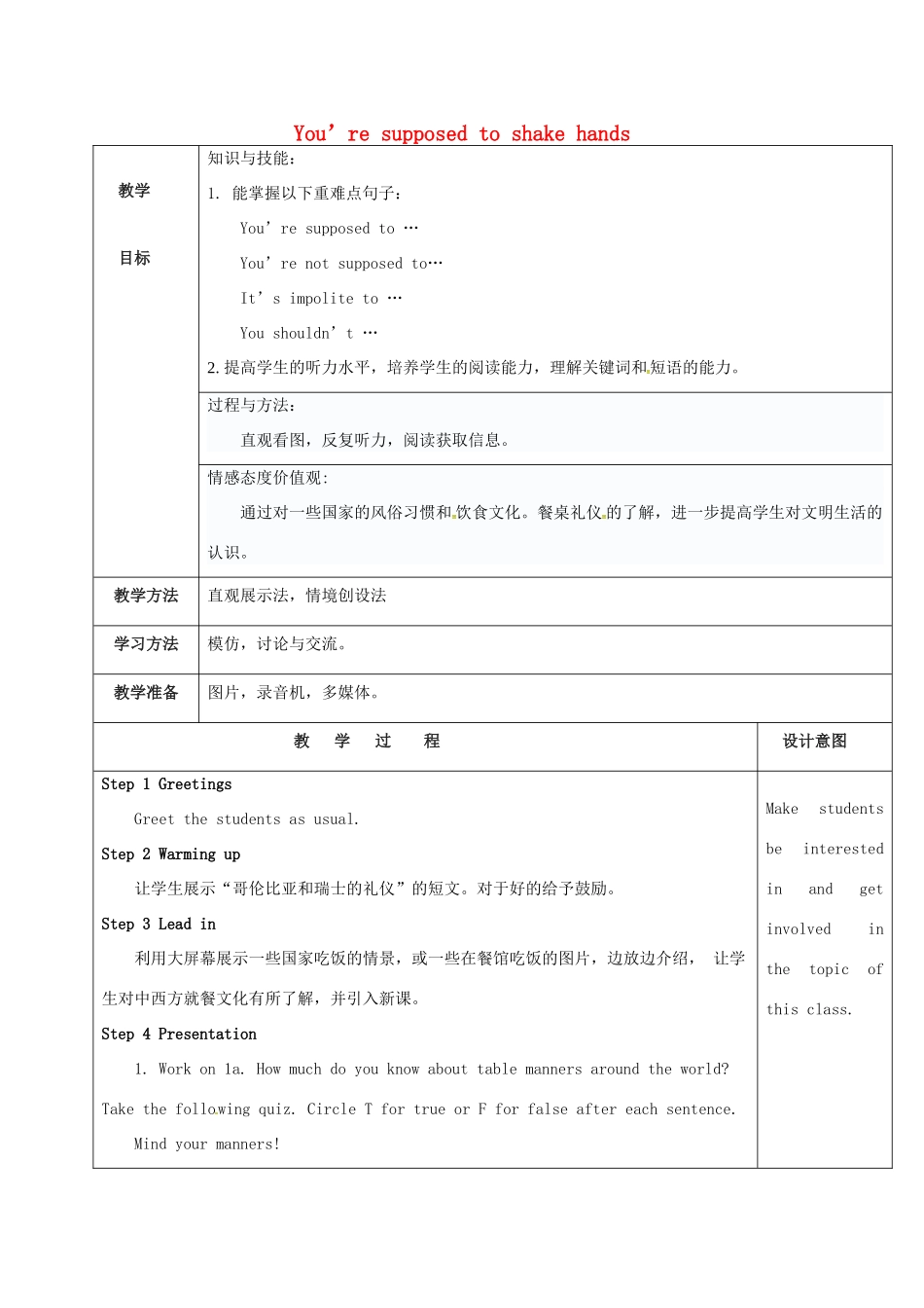陕西省延安市富县羊泉镇九年级英语全册 Unit 10 You’re supposed to shake hands Section B 1a-1d教案 （新版）人教新目标版-（新版）人教新目标版初中九年级全册英语教案_第1页