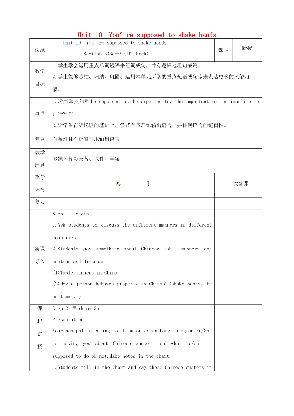 河北省邯郸市肥乡县九年级英语全册 Unit 10 You’re supposed to shake hands（第5课时）Section B（3a-Self Check）教案 （新版）人教新目标版-（新版）人教新目标版初中九年级全册英语教案_第1页