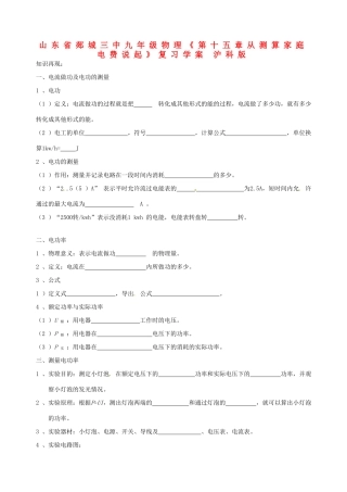 山东省郯城三中九年级物理《第十五章从测算家庭电费说起》复习学案 沪科版