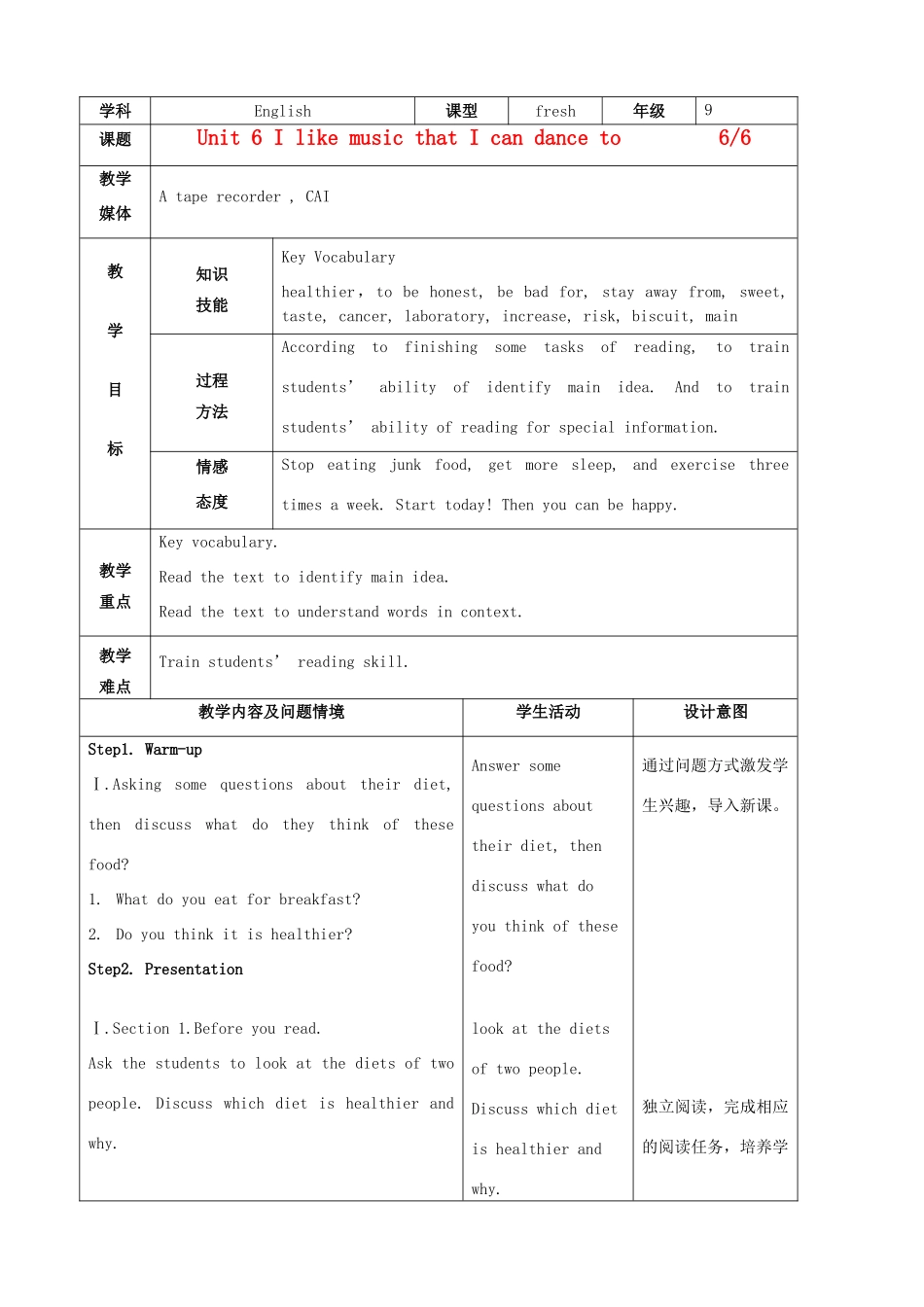 陕西省神木县大保当中学九年级英语 Unit 6 I like music that I can dance to period 6教案 人教新目标版_第1页