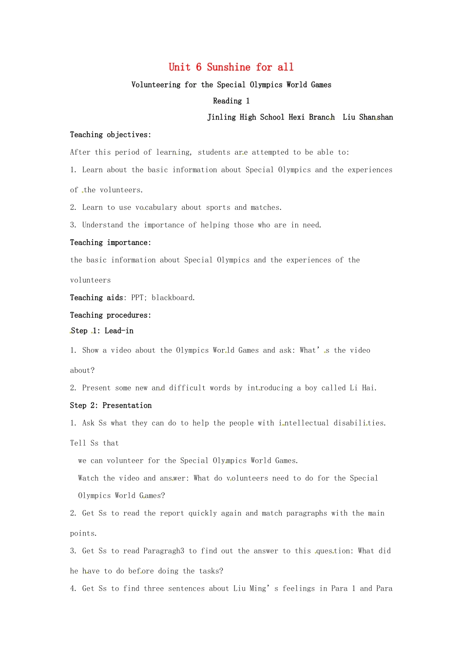 河西分校八年级英语下册 Unit 6 Sunshine for all教案 （新版）牛津版-（新版）牛津版初中八年级下册英语教案_第1页