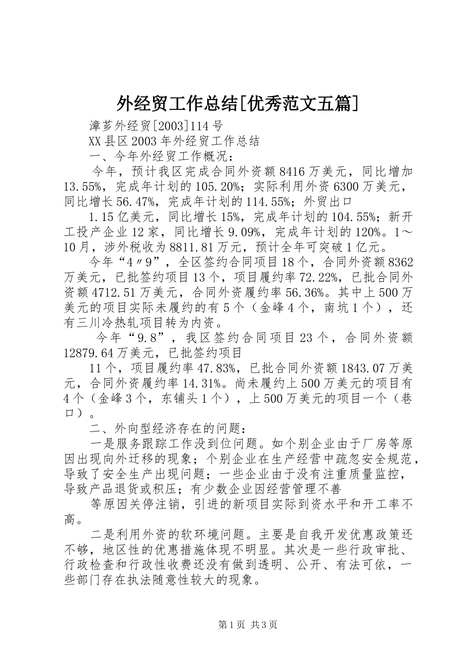 外经贸工作总结[优秀范文五篇] _第1页