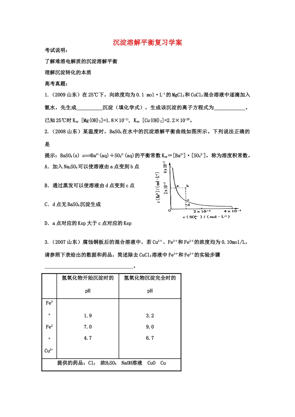 九年级化学沉淀溶解平衡复习学案_第1页