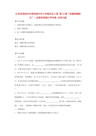 江苏省高邮市车逻初级中学九年级历史上册 第12课“英雄纳雄耐尔”一定要实现修订导学案 北师大版