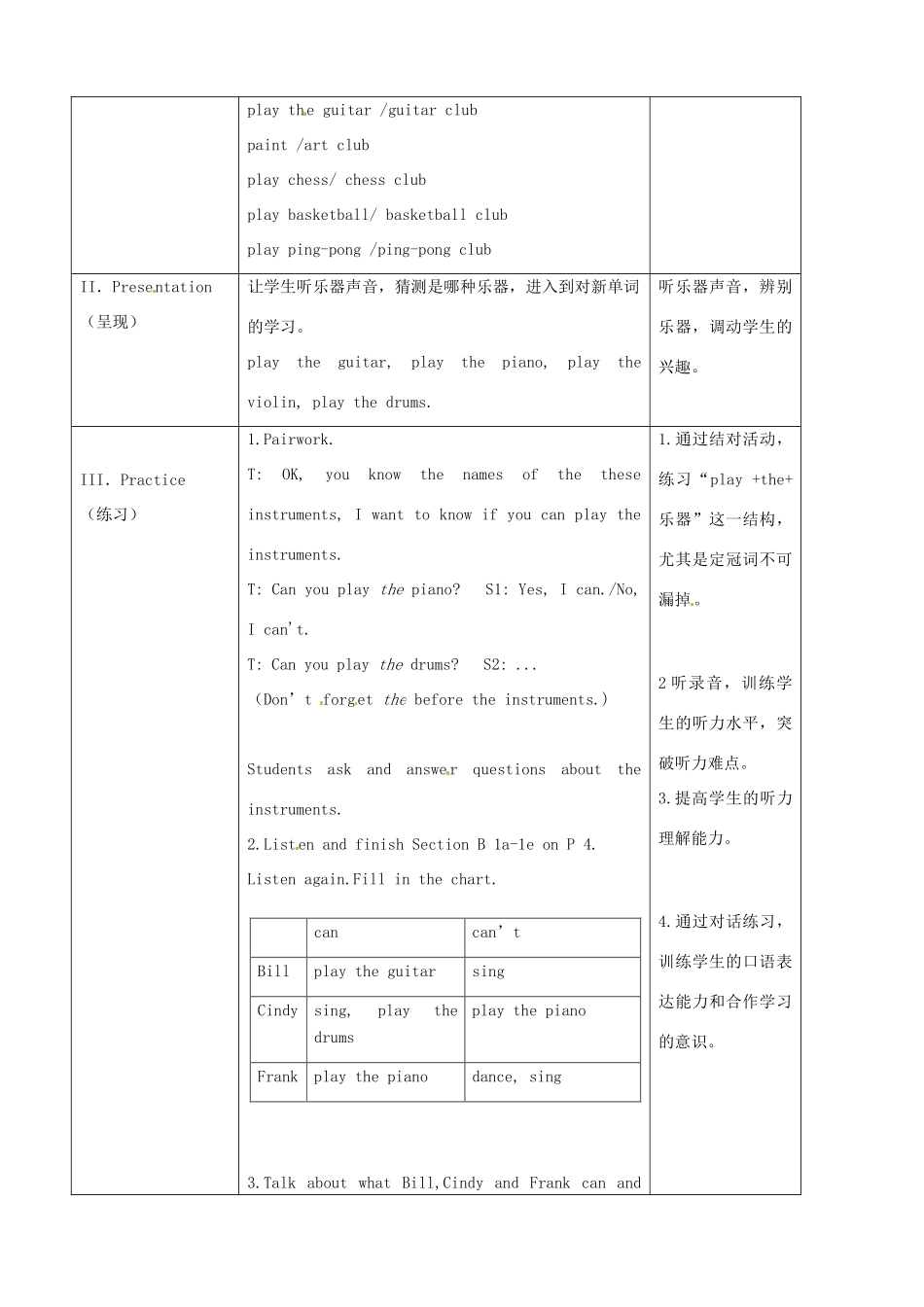 海南省万宁市思源实验学校七年级英语下册《Unit 1 Can you play the guitar Period 3 Section B(1a-2c)》教案 （新版）人教新目标版_第2页