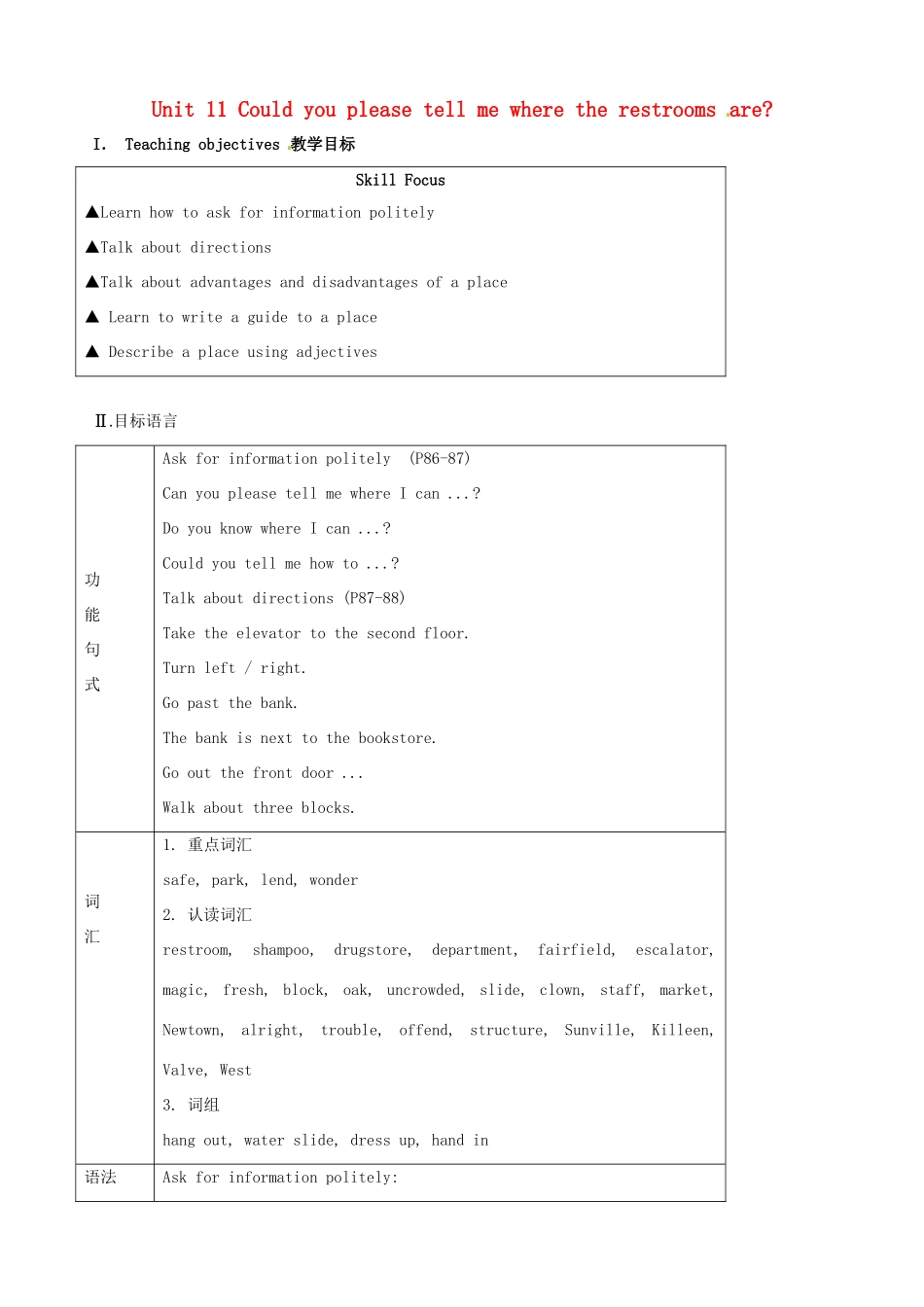 黑龙江虎林八五零农场学校九年级英语下册 Unit 11 Could you please tell me where the restrooms are1教案 人教新目标版_第1页