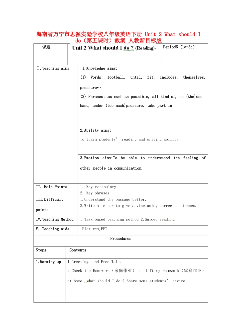 海南省万宁市思源实验学校八年级英语下册 Unit 2 What should I do（第五课时）教案 人教新目标版_第1页