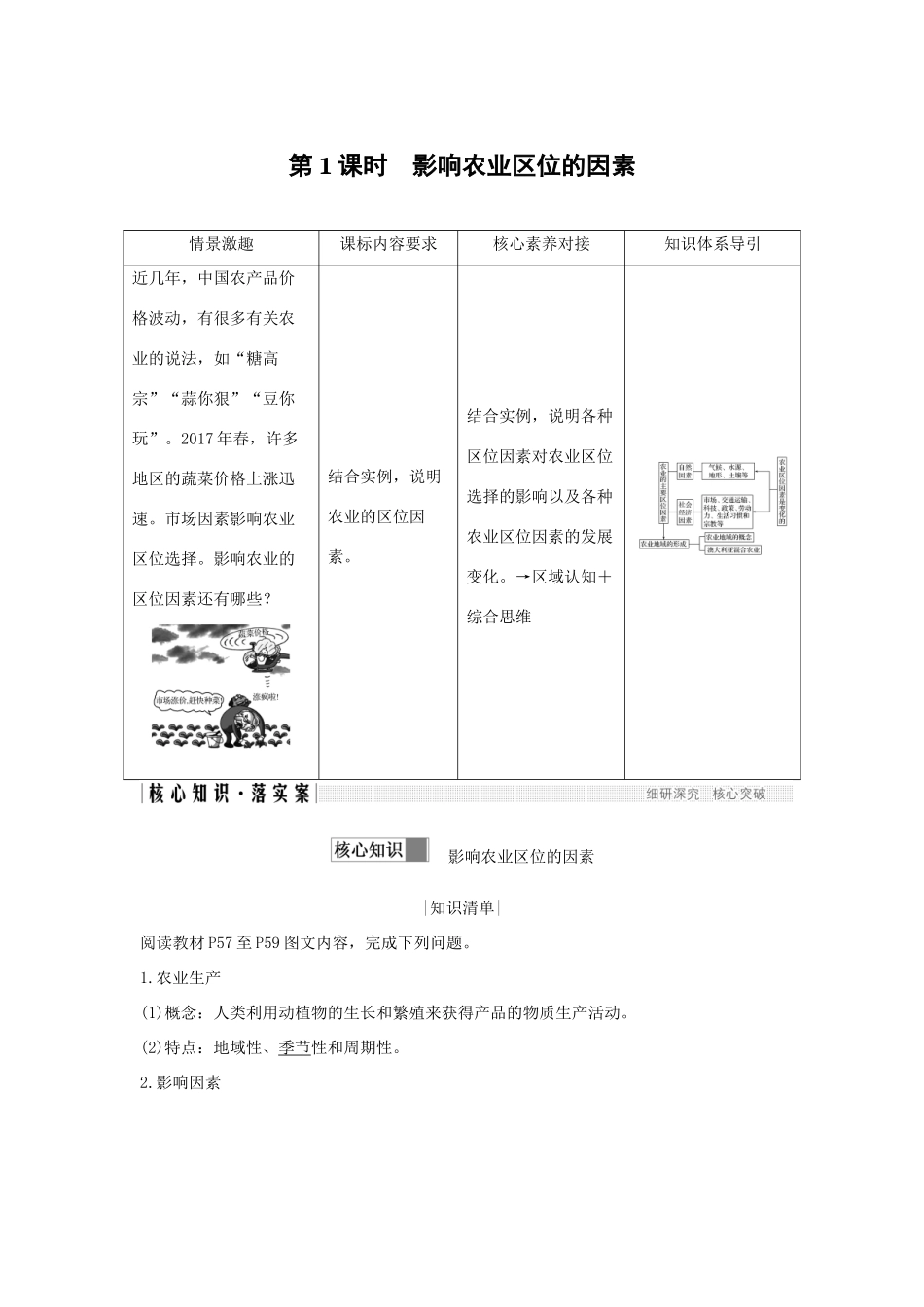 高中地理 第三单元 产业活动与地理环境 第一节 农业生产与地理环境 第1课时 影响农业区位的因素学案 鲁教版必修2-鲁教版高一必修2地理学案_第1页