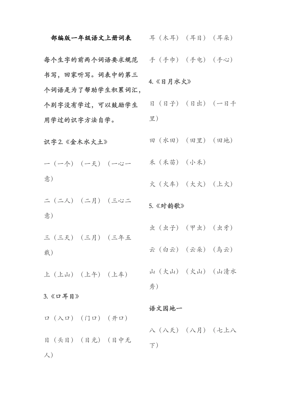 部编版一年级语文上册生字词表_第1页