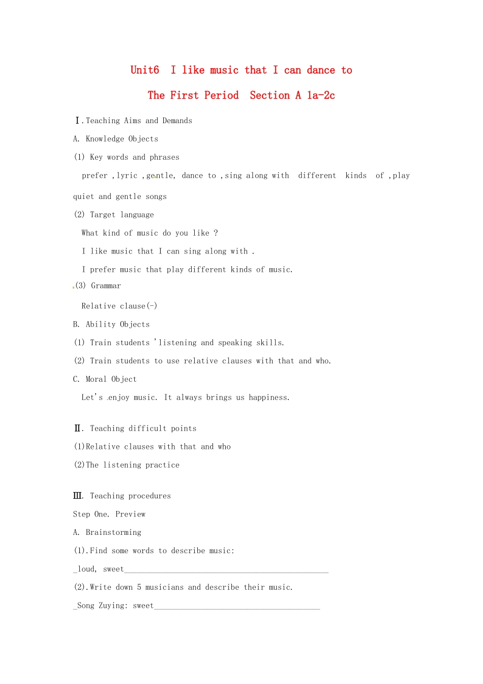 湖南省益阳市六中九年级英语《Unit6 I like music that I can dance to》The First Period 教案 人教新目标版_第1页