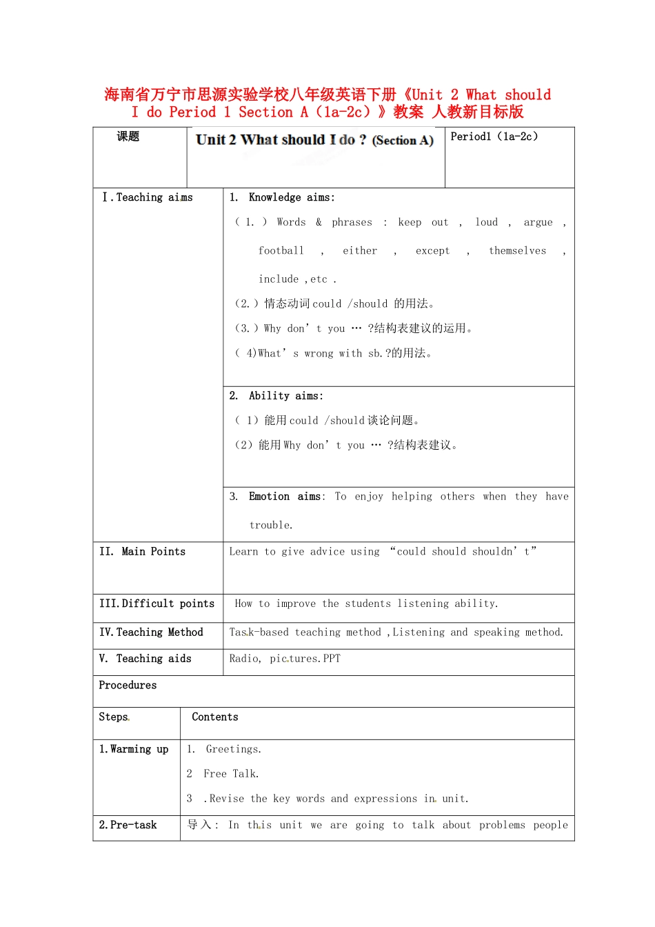海南省万宁市思源实验学校八年级英语下册《Unit 2 What should I do Period 1 Section A（1a-2c）》教案 人教新目标版_第1页