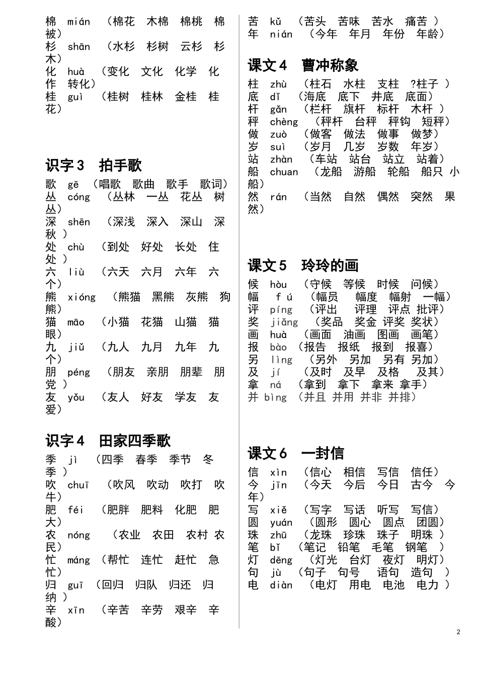 部编版二年级上册《写字表》生字扩词带拼音可打印_第2页