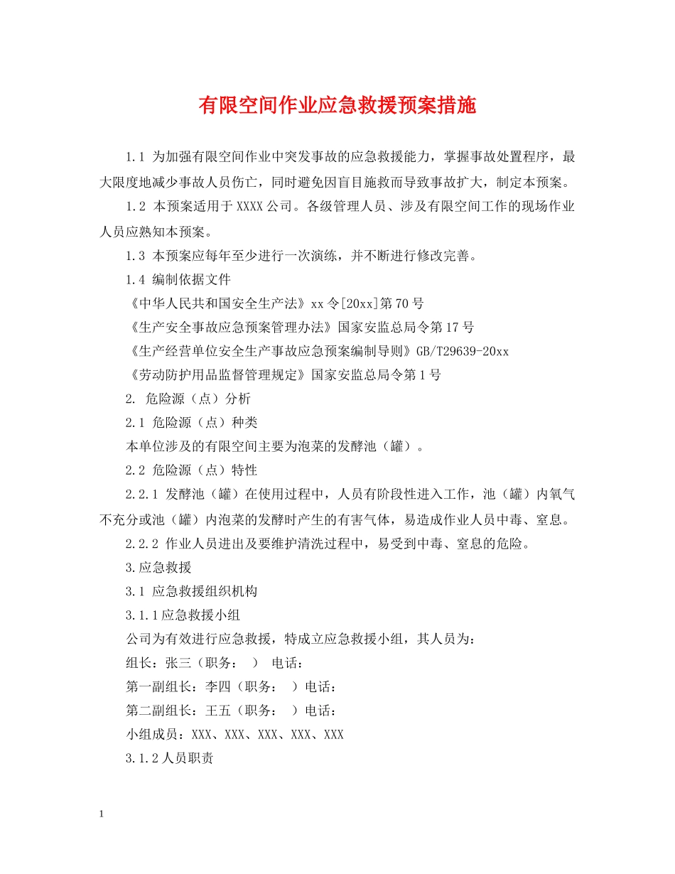 有限空间作业应急救援预案措施 _第1页