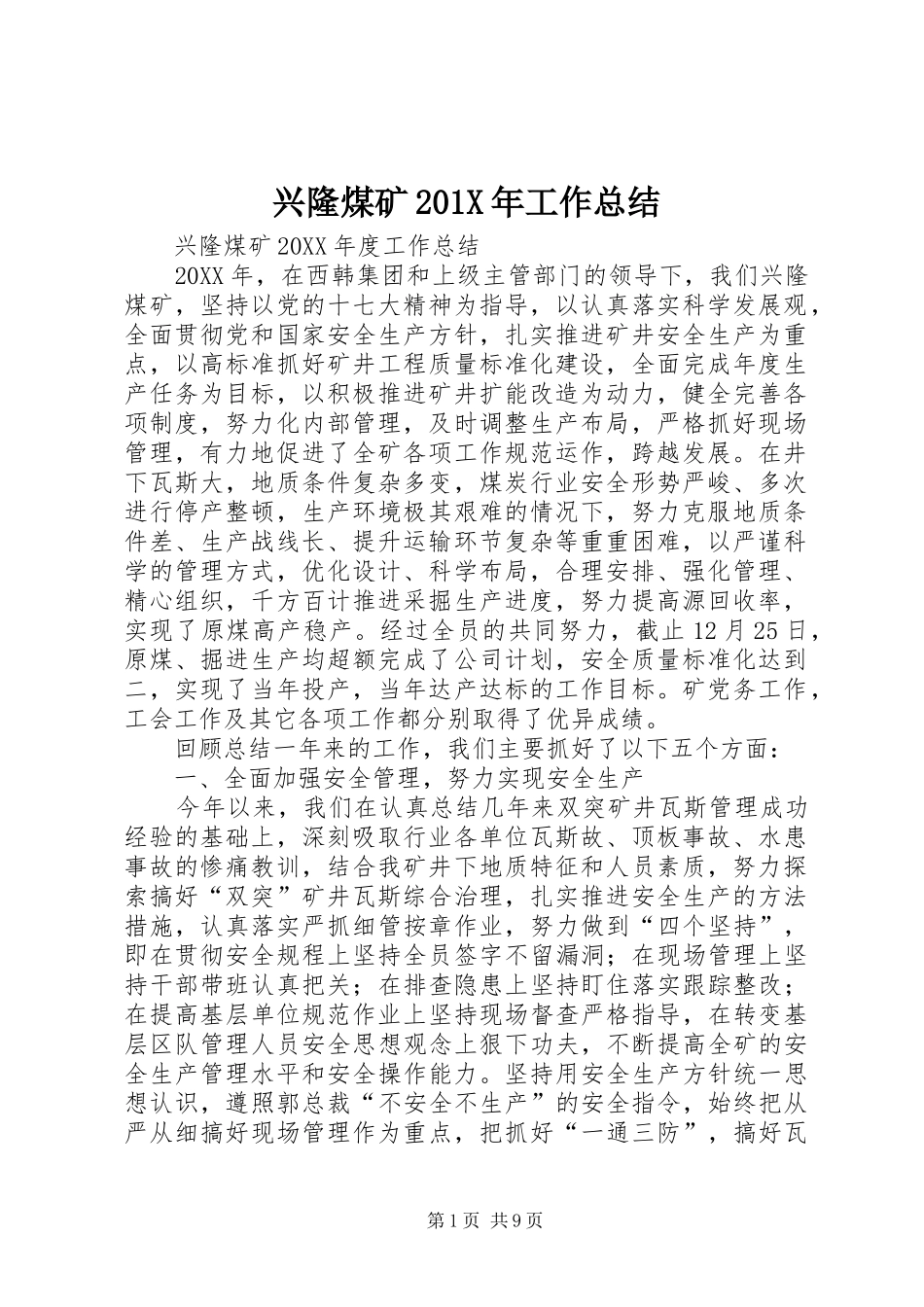 兴隆煤矿202X年工作总结_第1页