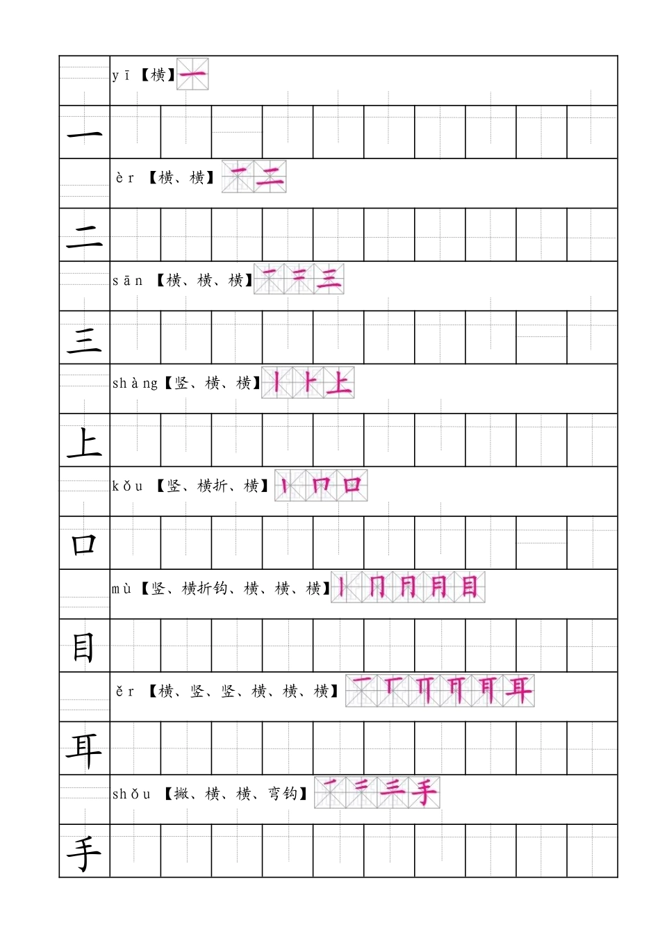 部编人教版语文一年级上生字田字格笔顺表带拼音_第1页