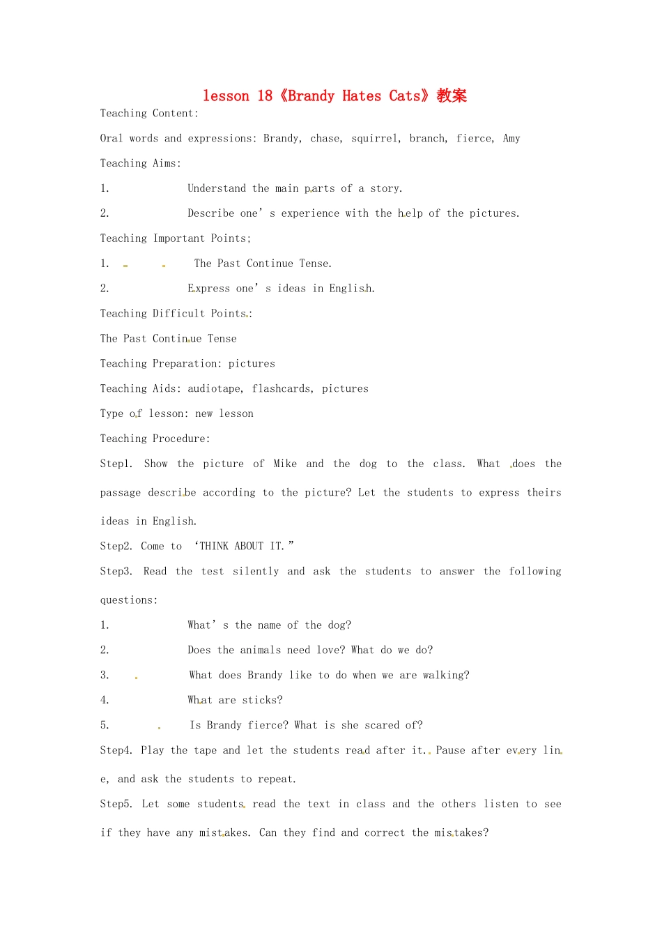 河北省衡水市景县黎阳学校八年级英语下册 lesson 18《Brandy Hates Cats》教案 冀教版_第1页