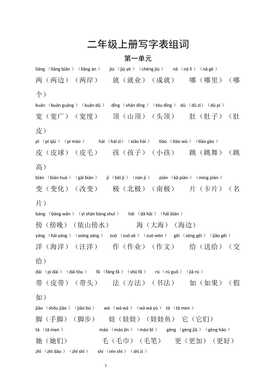 部编人教版语文二年级上册写字表组词(拼音版)_第1页