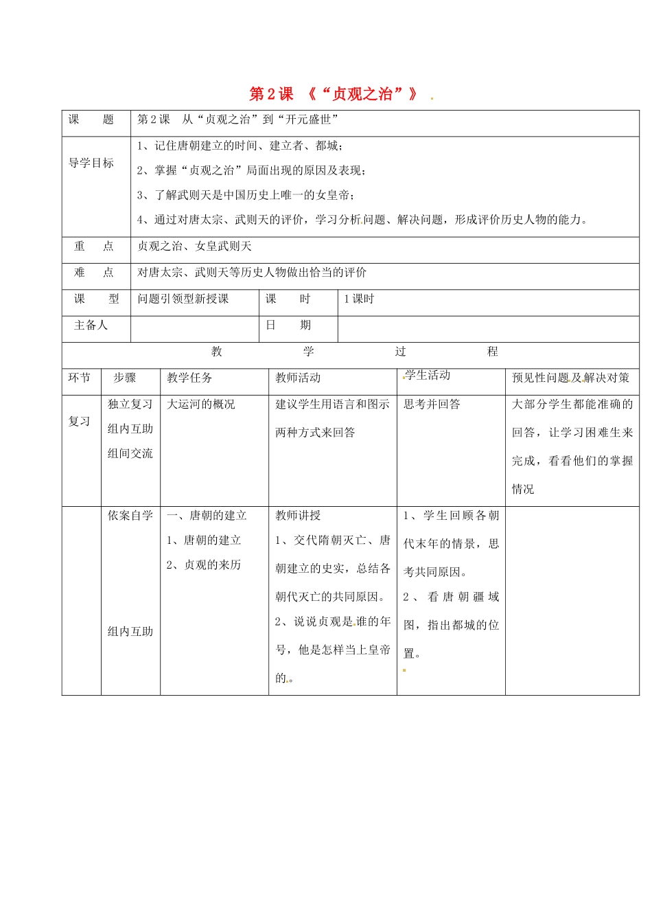 吉林省通化市七年级历史下册 第一单元 第2课 贞观之治导学案 鲁教版-鲁教版初中七年级下册历史学案_第1页