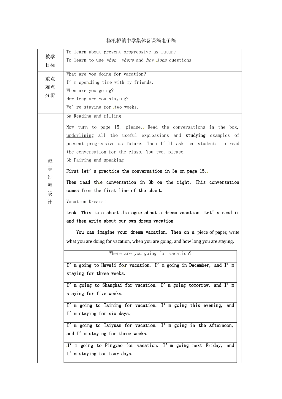 浙江省绍兴县杨汛桥镇中学人教版八年级英语上册 Unit3《What are you doing for vacation》教案（3） 人教新目标版 _第2页