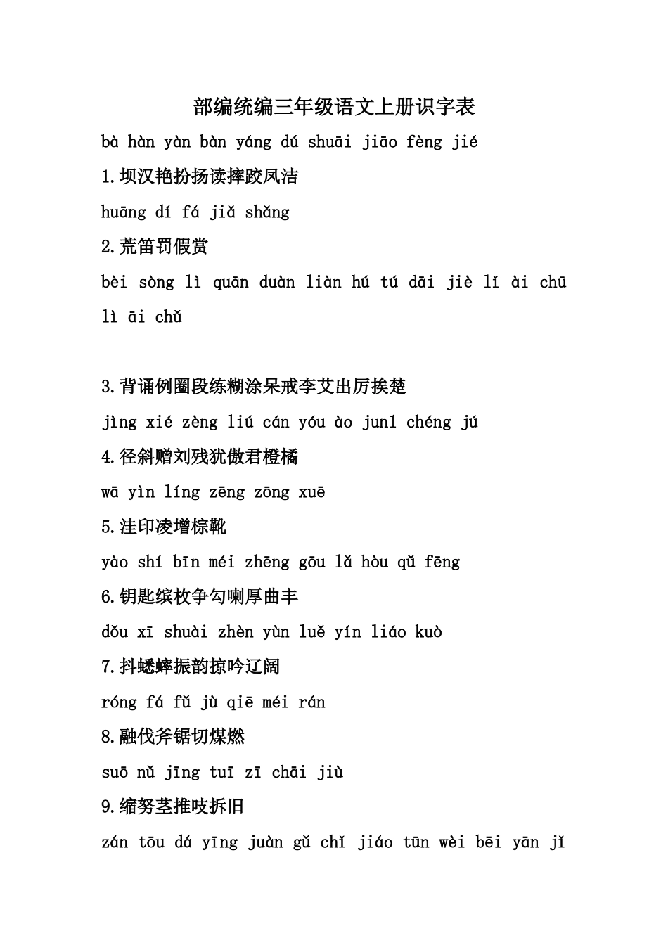 部编统编三年级语文上册识字表_第1页
