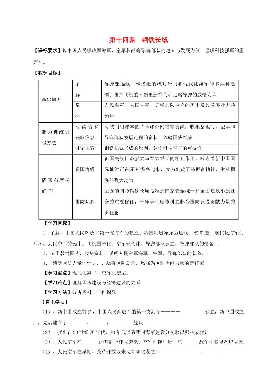 辽宁省鞍山市八年级历史下册 14 钢铁长城学案（答案不全） 新人教版-新人教版初中八年级下册历史学案_第1页