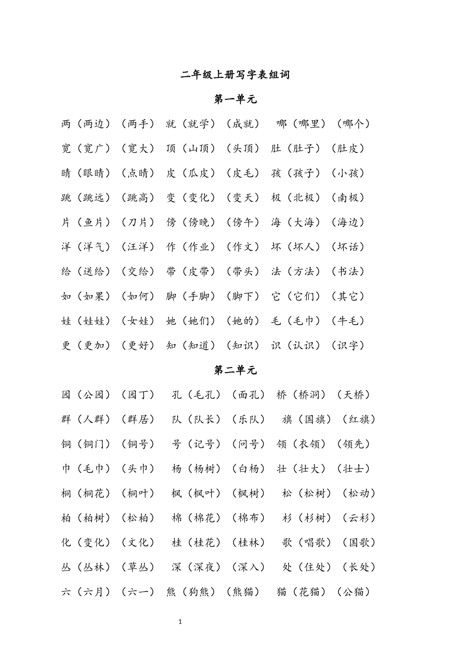 部编版二年级上册写字表组词(新)_第1页