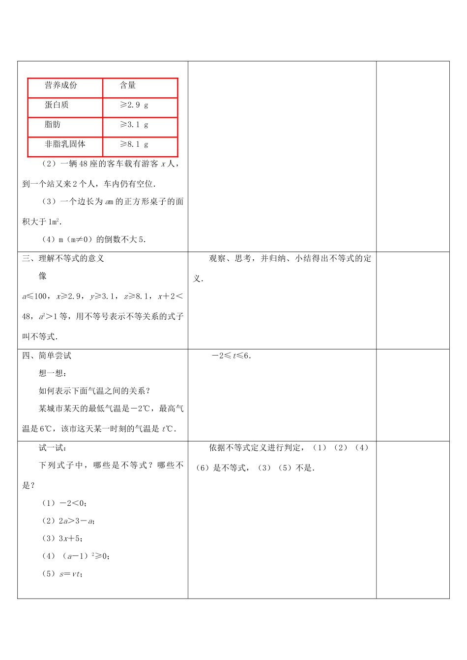 七年级数学下册 第11章 一元一次不等式 11.1 生活中的不等式教学设计 （新版教材）苏科版教材-（新版教材）苏科版教材初中七年级下册数学教学设计_第2页