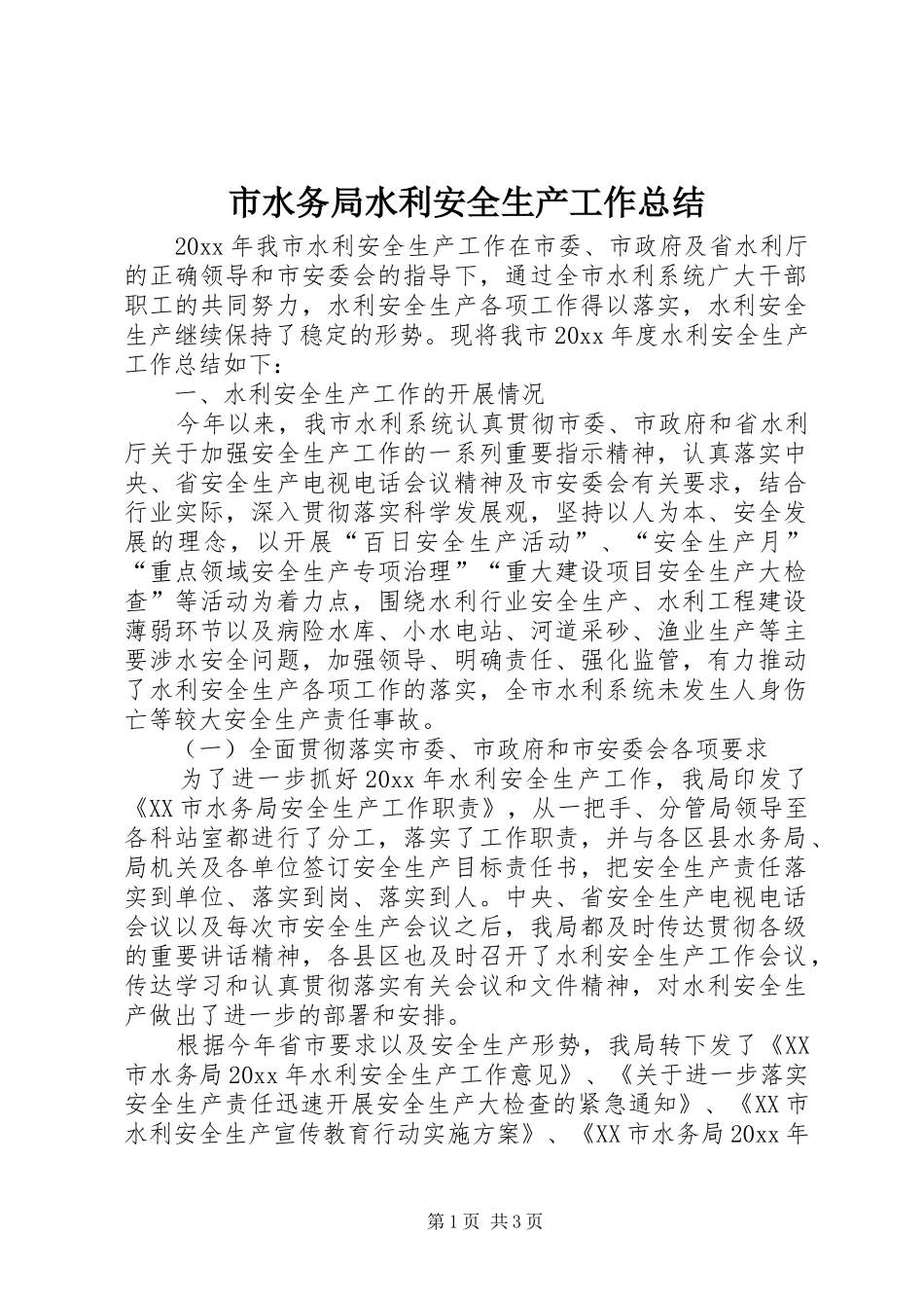 市水务局水利安全生产工作总结 _第1页