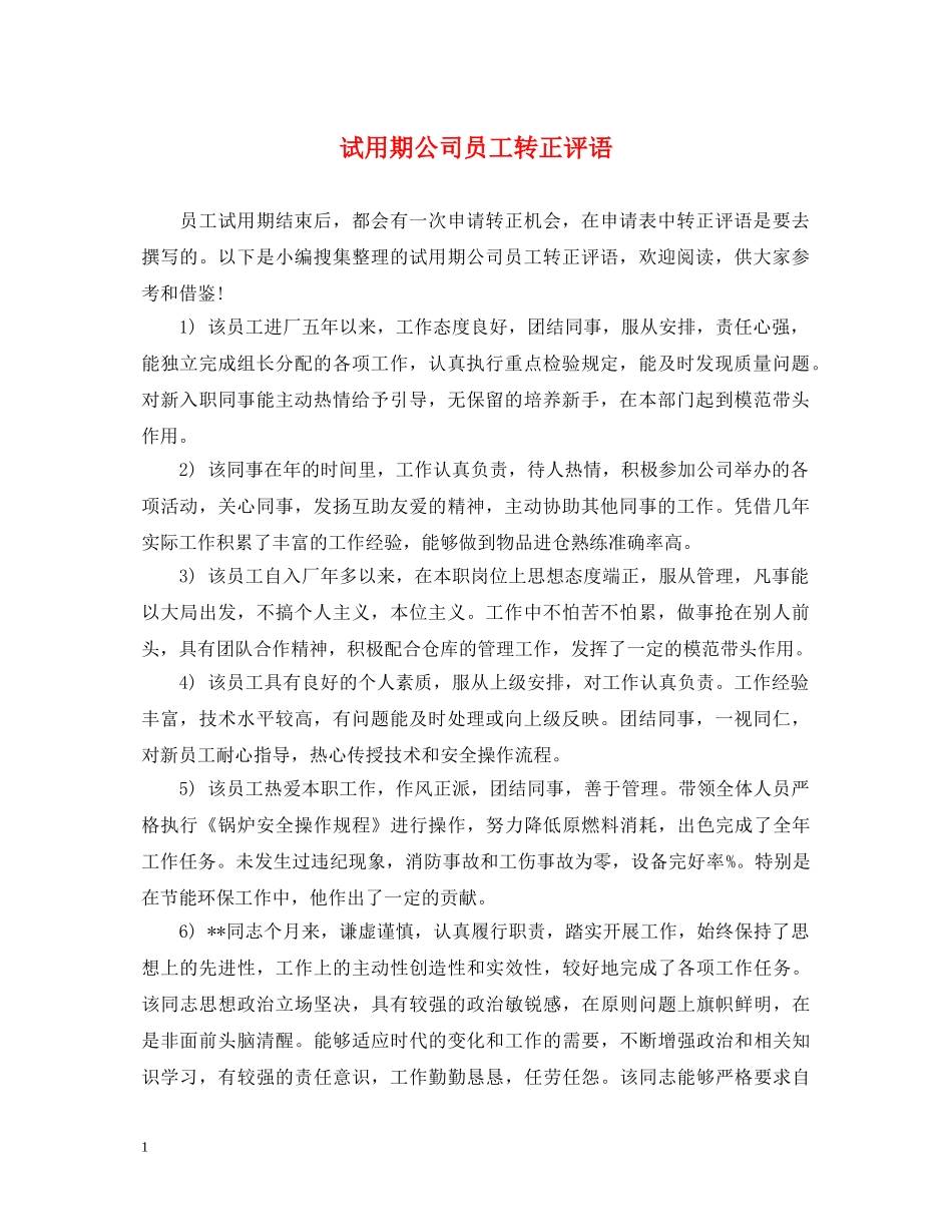 试用期公司员工转正评语 _第1页