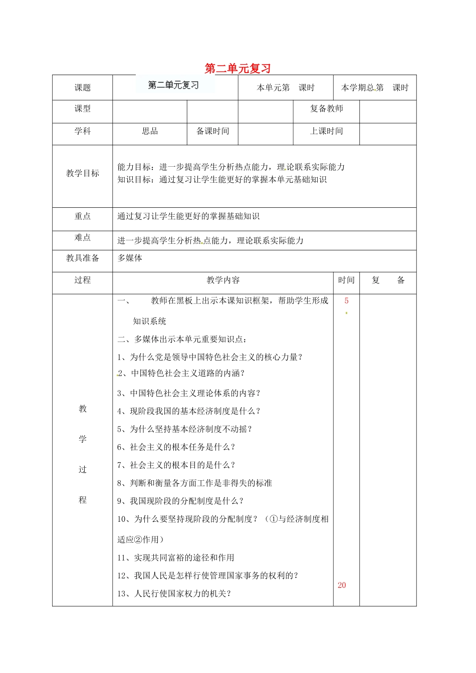山东省滨州市邹平实验中学九年级政治全册 第二单元复习导学案 鲁教版_第1页