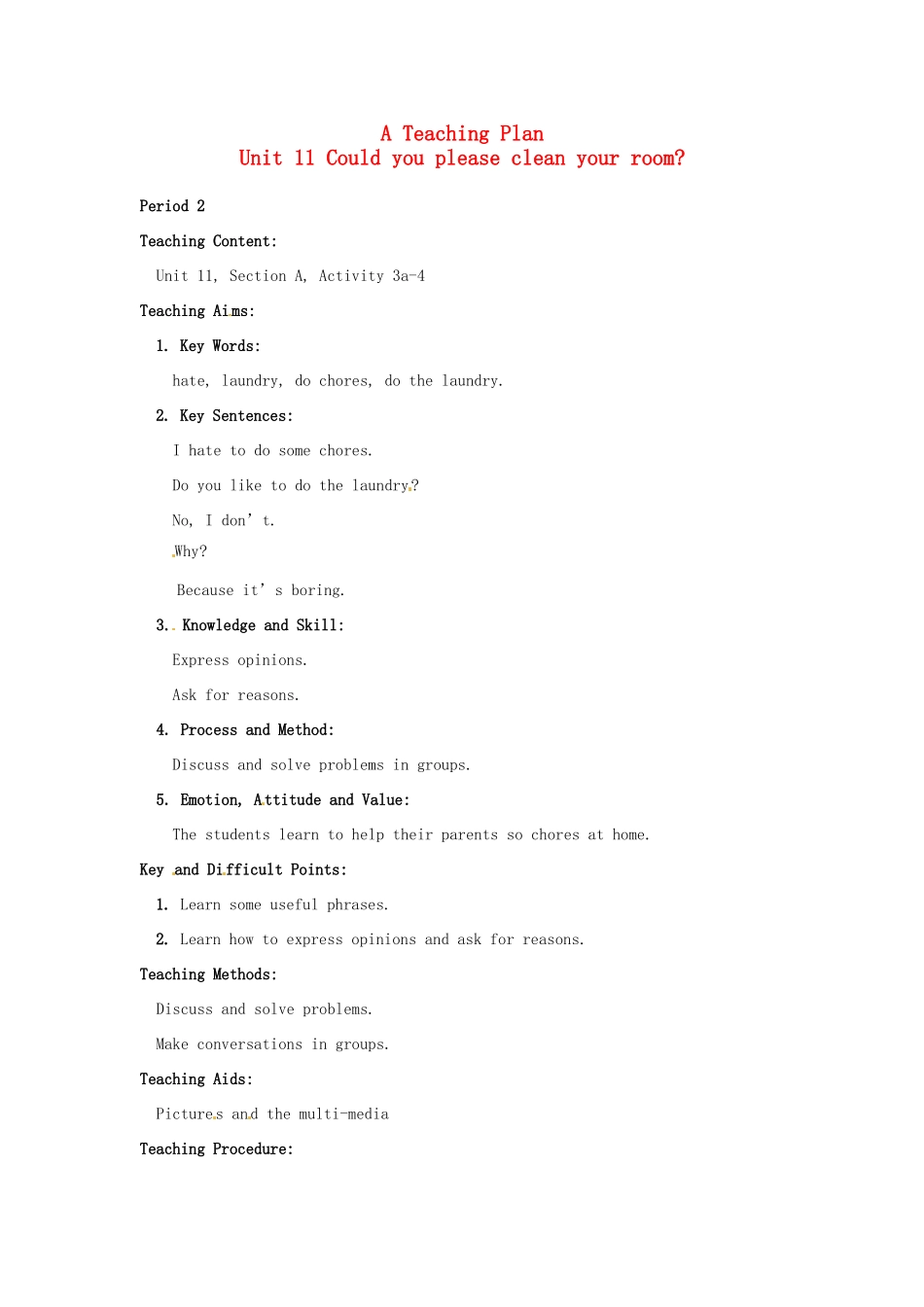 甘肃省兰州市第三十一中学八年级英语上册《Unit11 Could you please clean your room》教案 北师大版_第1页