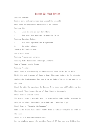 英语：Unit 4 Work for Peace Lesson 8英文教案（冀教版九年级下）