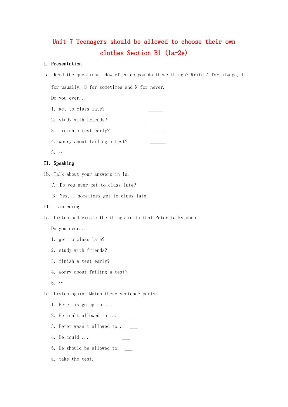 湖北省松滋市涴市镇初级中学九年级英语全册 Unit 7 Teenagers should be allowed to choose their own clothes Section B1 (1a-2e)教案 （新版）人教新目标版_第1页