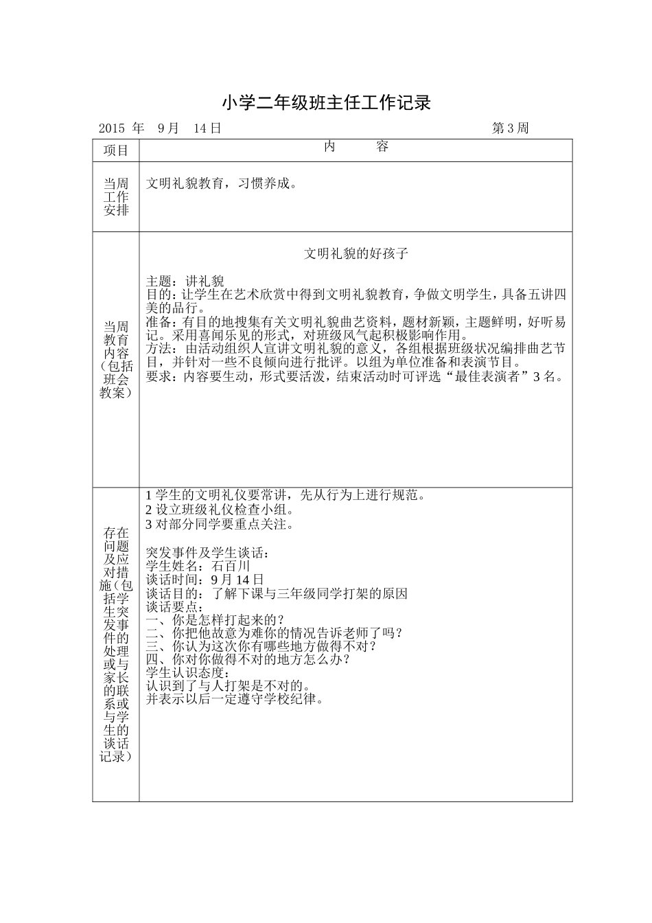 人教版小学二年级上班主任工作记录表_第3页