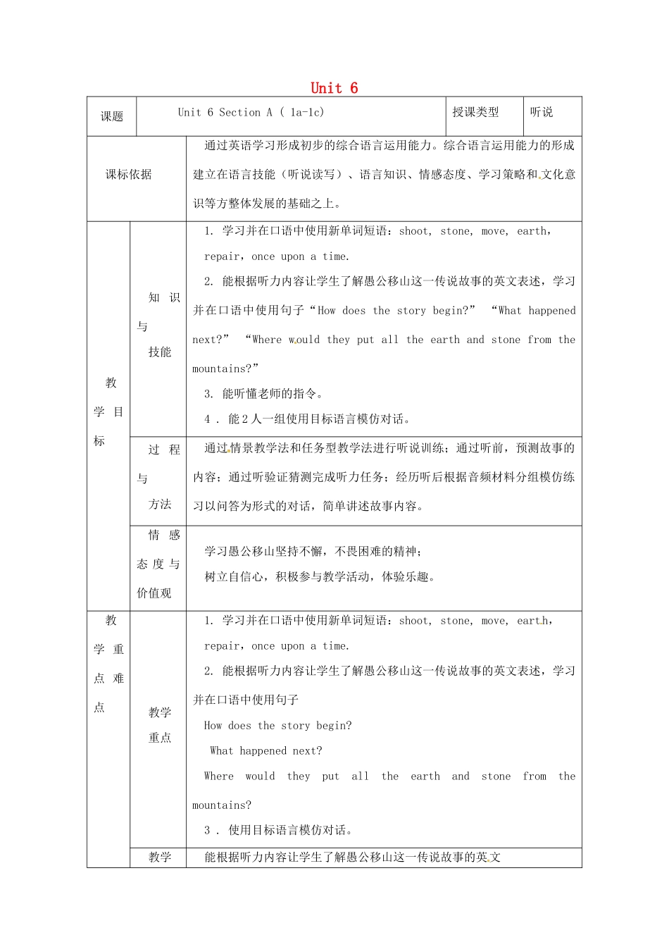 陕西省安康市石泉县池河镇八年级英语下册 Unit 6 An old man tried to move the mountains（第1课时）Section A（1a-1c）教案 （新版）人教新目标版-（新版）人教新目标版初中八年级下册英语教案_第1页