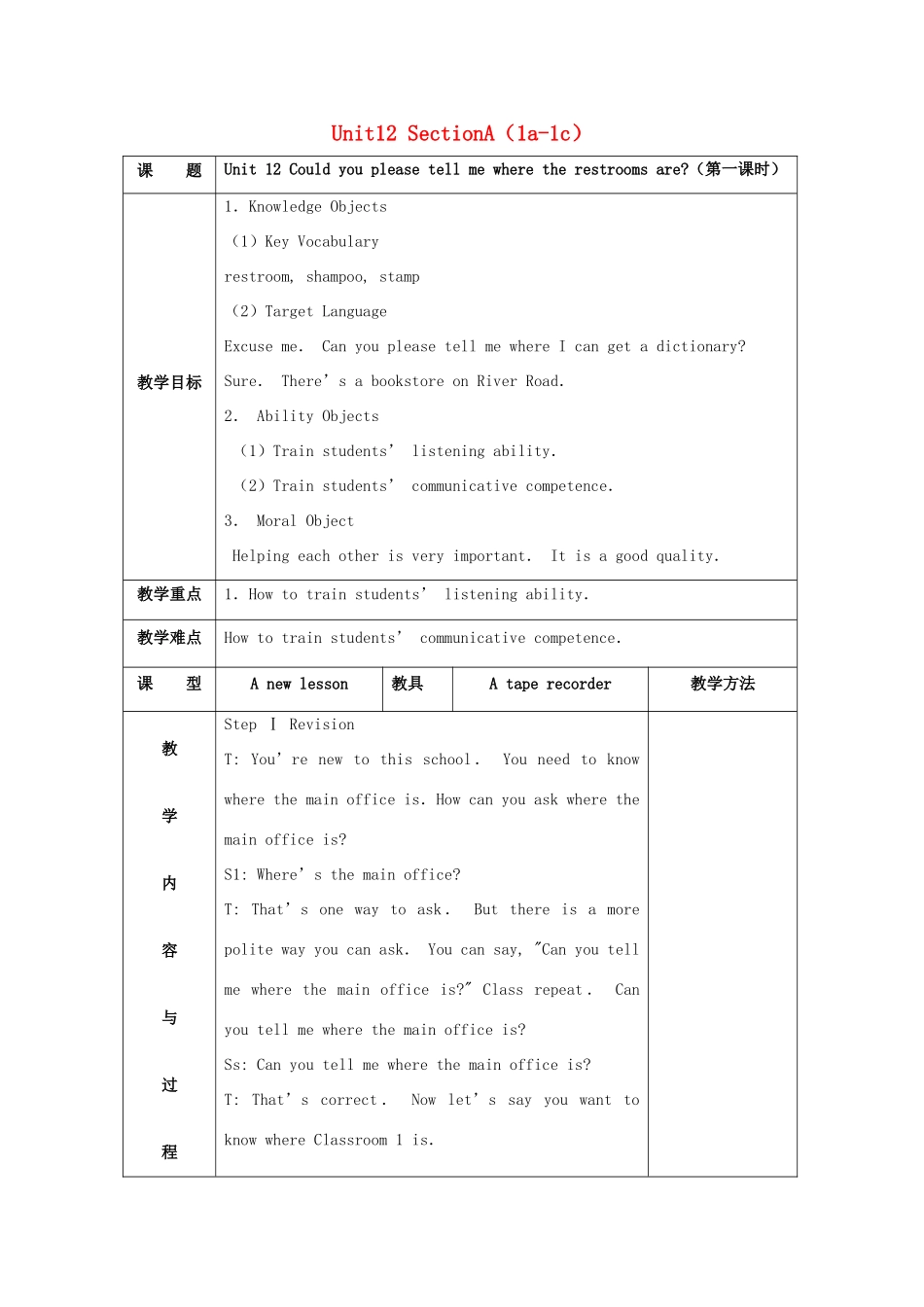 秋九年级英语全册 Unit 12《Could you please tell me where the restrooms are》（Section A 1a-1c）教案 （新版）鲁教版五四制-鲁教版五四制初中九年级全册英语教案_第1页